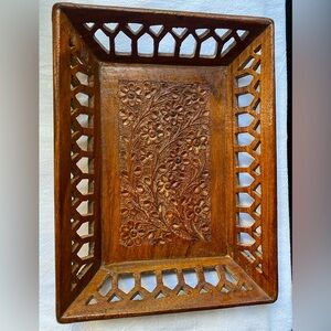 Vintage Hand Carved Wooden Reticulated Floral Tray. 6-1/2”x8-1/2”